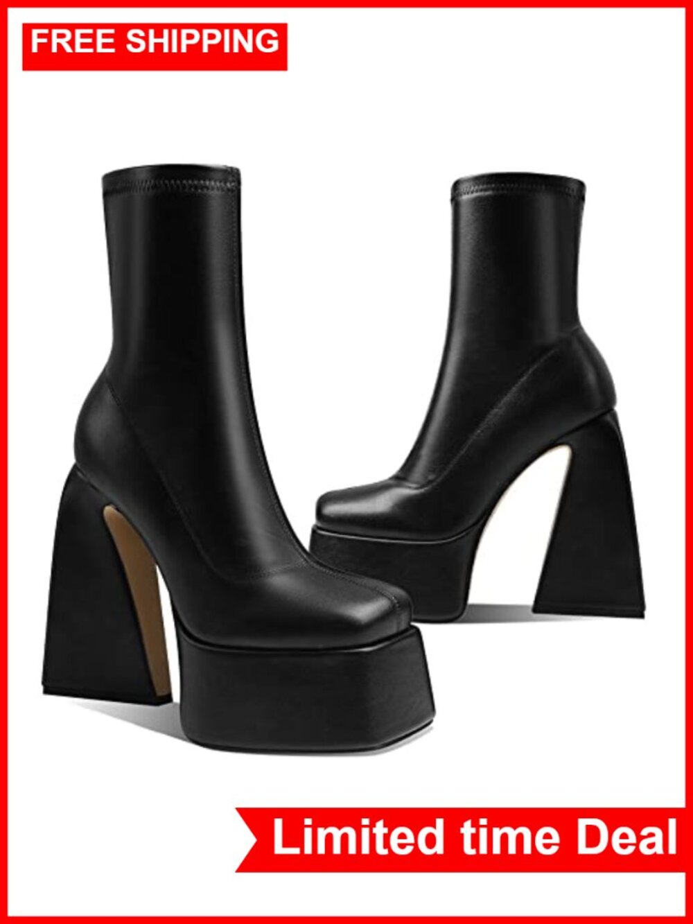 Platform Mid Calf Boots Square Toe Chunky High Heel Side Zipper Ankle Booties